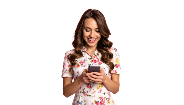 Happy woman using cell phone, cut out - Powered by Adobe