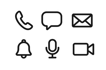Communication icon set with phone, message, email, notification, microphone, video call. Minimalist line art symbols for web design, UI, UX, and app interface buttons. Vector.