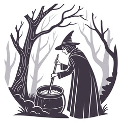 Witch stirring cauldron in spooky forest scene Halloween 1