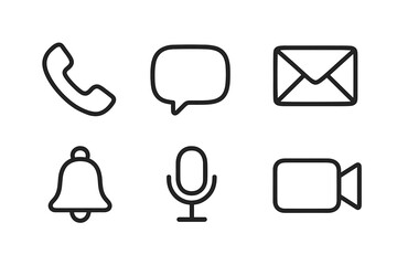 Minimalist communication icons set with phone, message, email, notification, microphone, and video call symbols. Simple line art vector for web, mobile app, UI, UX design.