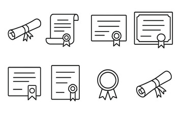 Diploma and certificate vector line icon collection. Graduation, degree, and achievement symbols. Thin line art for web, apps, and infographics. Education and success concepts.