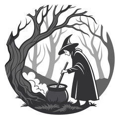 Witch stirring cauldron in spooky forest scene halloween