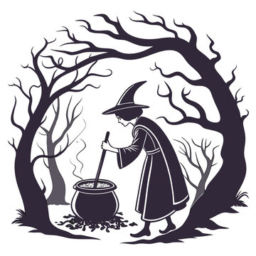 witch stirring cauldron forest scene clip art preview
