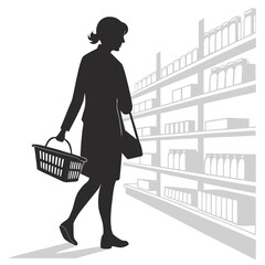 Woman silhouette shopping in store aisle with shelves
