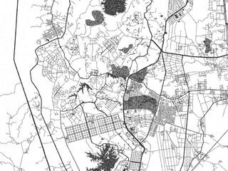 Illustrated city map of Nay Pyi Taw, Myanmar, in black and white, showing roads and textures.