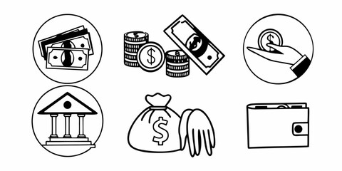 Illustration showing money, coins, banknotes, bank, wallet and money bag in black and white style