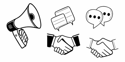 Illustration of communication tools including a megaphone speech bubbles and handshakes in black and white