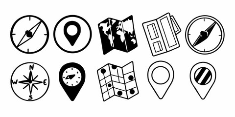 Collection of compasses maps and location pins in black and white doodle style vector illustration