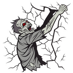Zombie breaking through cracked wall illustration monster