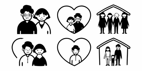 Illustration showing families and couples in various arrangements and representations of love and home