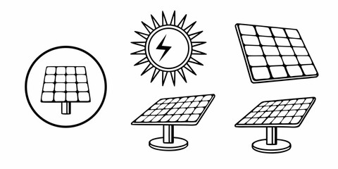 Illustration showing solar panels in different styles and sun with lightning bolt for energy production