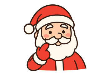 Santa Claus cartoon smiling, Christmas character illustration, red suit, white beard, festive holiday icon, touching face gesture, joyful emotion, transparent background, seasonal vector art