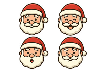 Cartoon Santa Claus Faces Vector Set, Christmas Character Expressions, Happy, Sad, Surprised, Joyful, Holiday Icon Collection, Festive Santa Hat, Emotion, Cute Red Cheeks, Editable Illustration