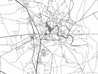 Black and white illustrated map of Mardan, Pakistan, with streets, rivers, and neighborhoods.