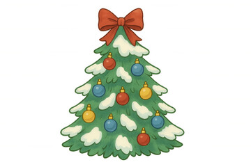 Fototapeta premium Christmas tree decorating for winter celebration displaying snow, ornaments, and red bow, transparent background