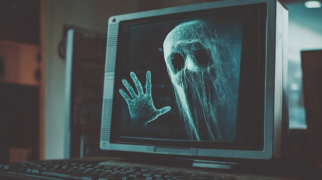 Glitchy, translucent digital ghost trapped inside an old CRT computer monitor