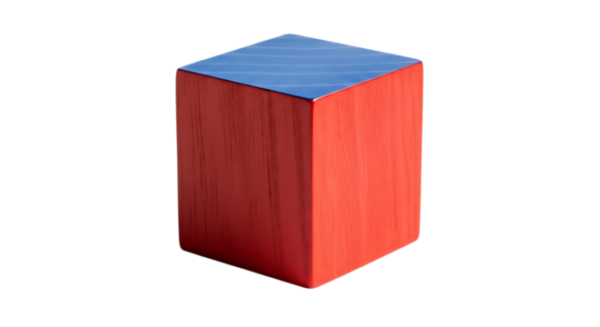 Red wooden cube with blue top cutout png isolated on a transparent background