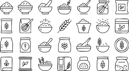 Nutrition and cooking ingredient vector illustration set with bowls and seeds