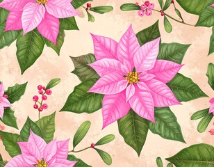 Pink poinsettia and berry seamless pattern on beige background