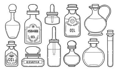 Hand drawn essential oil bottles with blank labels vector collection. Vintage apothecary flasks for design