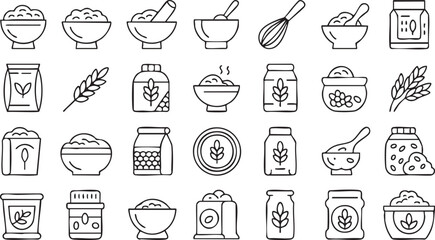 Organic grain and healthy food ingredient vector icons with wheat and flour jars