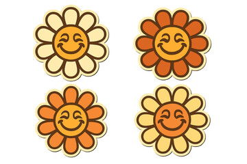 Groovy daisy flowers with retro faces collection. Happy chamomile smiles in 70s style. Cute cartoon character mascot set for stickers. Hippie floral power emoticon vector.