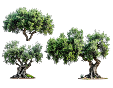Three vibrant, leafy trees with gnarled trunks, isolated on a transparent background