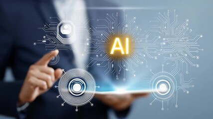 Artificial intelligence concept is shown by a businessman using a tablet with ai lettering and digital circuits, suggesting innovation and technological advancement in business - Powered by Adobe