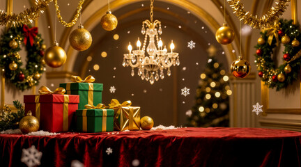 Elegant Christmas Gifts on Velvet Table with Festive Decor