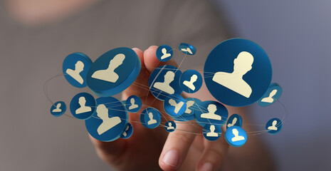 Conceptual image of social network, technology with a person icon on hand representing business teamwork connection and communication.