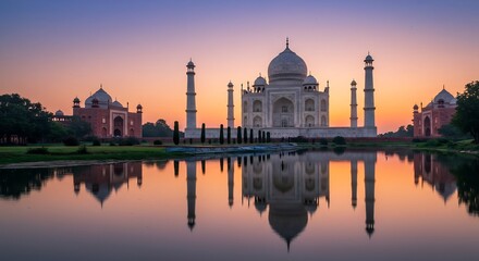 Stunning Taj Mahal structure glows under a vibrant dawn sky its elegant reflection shimmering beautifully on still water