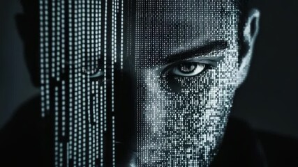 Close up of a person's face covered in digital code and matrix style falling code on the left side - Powered by Adobe
