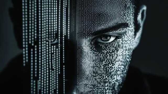 Close up of a person's face covered in digital code and matrix style falling code on the left side