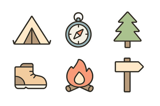 Camping icon set. Minimalist cartoon collection for outdoor adventure and hiking. Includes tent, compass, tree, boot, campfire, signpost. Vector graphic element for travel.