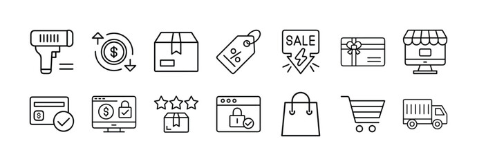 Ecommerce online shopping icons set vector illustration for business retail and marketing design