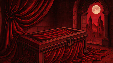 Gothic Coffin Chamber Under Blood Moon