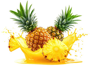 Two whole pineapples and sliced one with yellow liquid splashing out