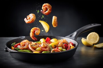 Juicy shrimp, vibrant vegetables, and lemon wedges are sizzling and tossed in a black skillet, creating a dynamic, appetizing seafood stir-fry