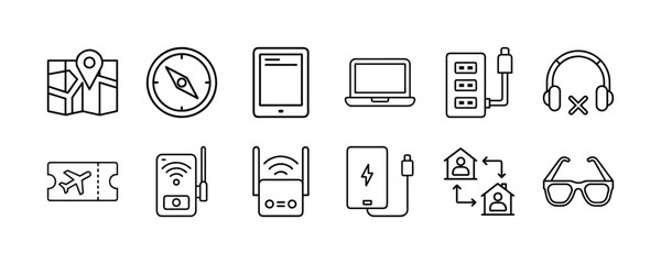 Travel essentials and technology gadgets vector icons for vacation planning and digital nomad life