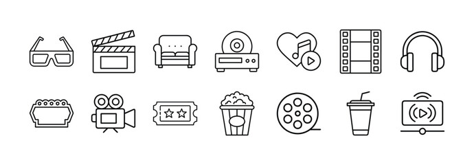 Movie night vector icon set entertainment cinema film icons glasses popcorn headphones and more