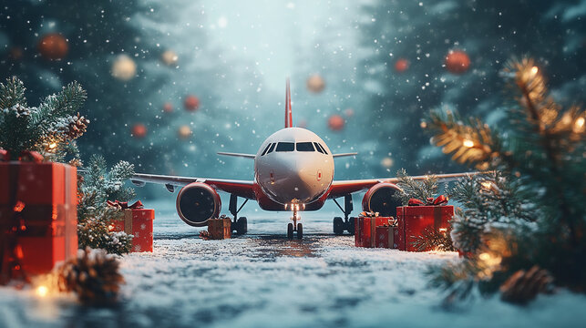 Winter travel dreams take flight with airplane amidst festive gifts and snowy landscape, promising holiday adventures and memorable journeys for Christmas season