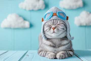 A cute gray cat wearing a knitted aviator hat with goggles, sitting on a blue wooden surface with fluffy white clouds in the background