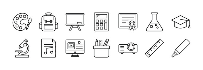 Back to school education supplies vector line icons set for design and creative projects use