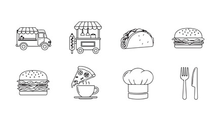 Hand drawn food icons set truck cart taco burger pizza coffee chef hat cutlery for creative projects vector © MstMili