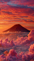 Fototapeta premium A majestic volcano peak rises above soft morning clouds at sunrise. Warm golden light highlights the dramatic slopes, symbolizing power, resilience, and the beauty of untamed nature.