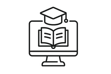 Online education concept. E-learning thin line icon. Distance learning, graduation. Vector computer screen, book, academic hat. Webinar, tutorial, workshop, knowledge symbol.