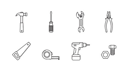 Hand drawn sketch style tools collection including hammer screwdriver wrench pliers saw tape measure drill vector