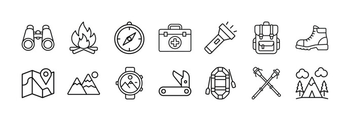 Camping hiking outdoor adventure equipment vector icons set for travel and exploration trip