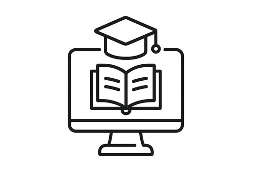 Online education concept. E-learning thin line icon. Distance learning, graduation. Vector computer screen, book, academic hat. Webinar, tutorial, workshop, knowledge symbol.