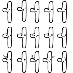 Cute korean alphabet vowel eo doodle character with various expressions and  highlighted heart eyes, an outline black and white illustration set for stickers, emoji, and coloring books. 
